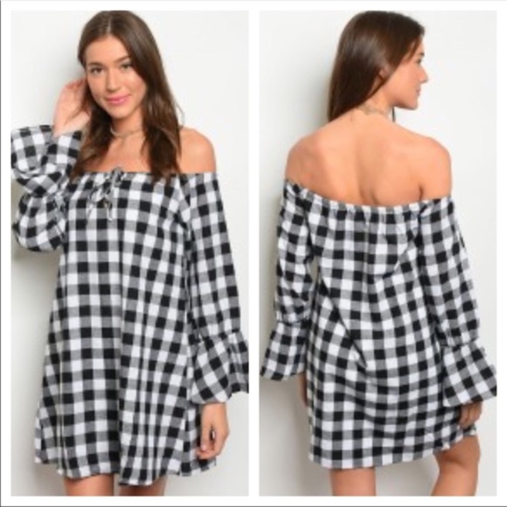 ✨Black and White Gingham Checked Off the Shoulder Slip-Shift Dress✨Tunic✨New‎